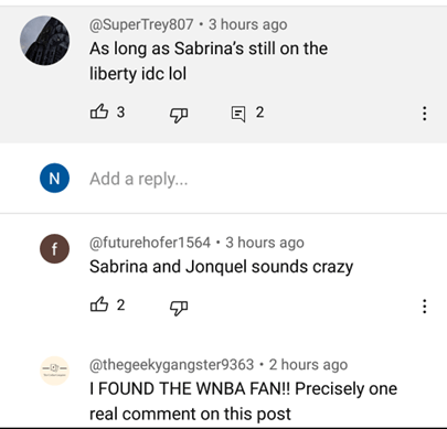 Comments on Jonquel Jones post. "As long as Sabrina's still on the liberty, i don't care. lol." Replies: 1. Sabrina and Jonquel sounds crazy. 2. I found the WNBA Fan!! Precisely one real comment on this post