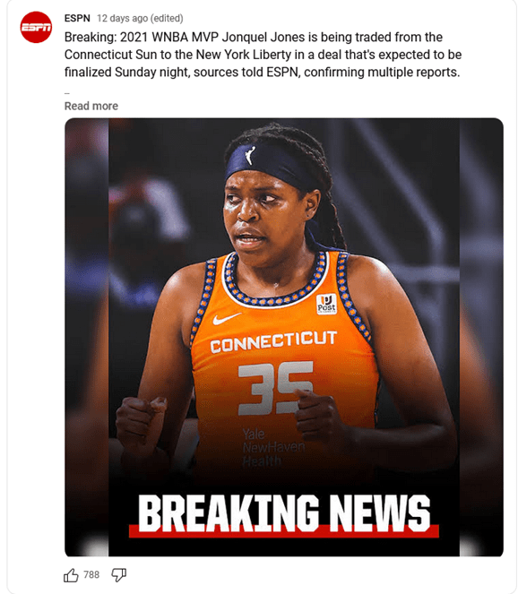 Jonquel Jones is being traded from the Connecticut Sun to the New York Liberty in a deal that's expected to be finalized Sunday night, sources told ESPN, confirming multiple reports. Jones requested the trade specifically to New York. Alexa Philippou on the latest: https://es.pn/3ZCVESx